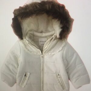 Cream Puffer Hooded Coat with Faux Fur Trim